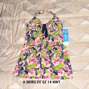 A Shore Fit Floral Halter Navy/Pink Swim dress Size 14 NWT